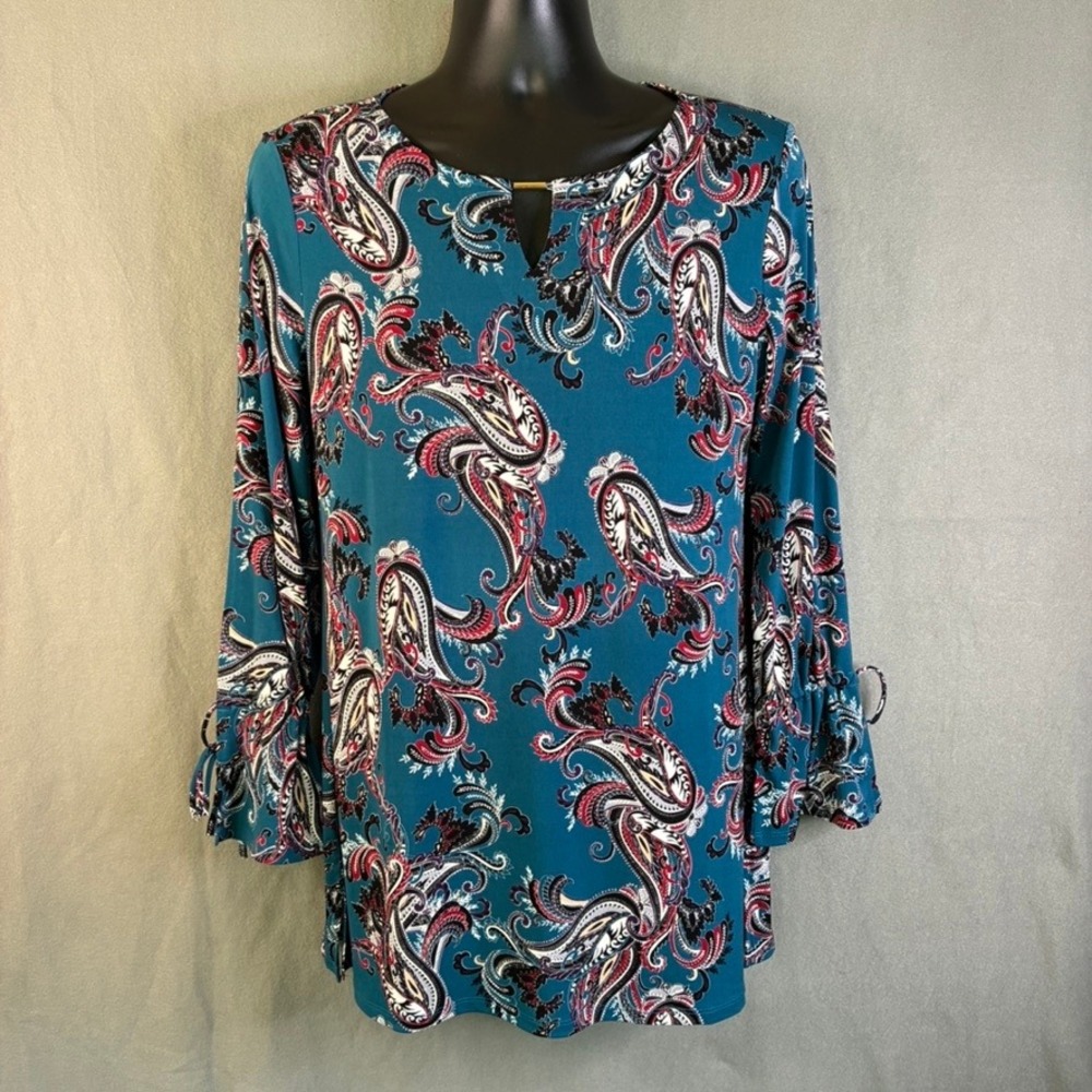 White House Black Market Teal Paisley Keyhole Neck Bell Sleeve Top Size Medium